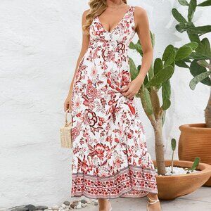 Sexy V-neck slim dress floral dress retro printed long skirt